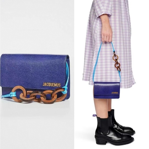 Jacquemus Handbags - Jacquemus Dark Blue Lizard Embosed Leather Le Riveira Shoulder Bag